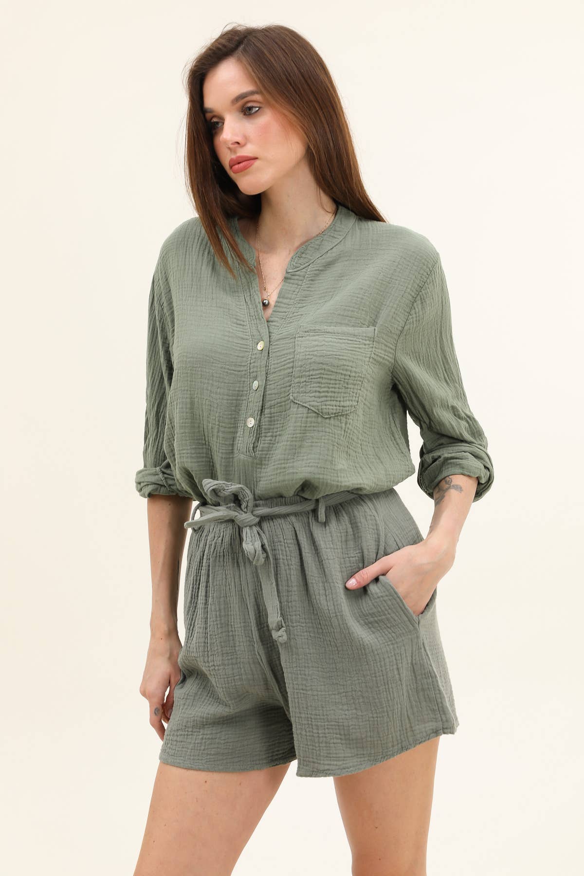 Moonsun - Vendita all'ingrosso Pantaloncini - Donna - Shorts in garza di cotone #2305 con cintura20