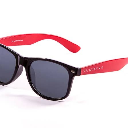 BEACH skinnende sort foran og skinnende rød arm for engroshandel hos Sunpers Sunglasses