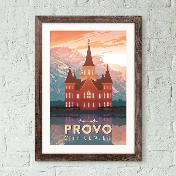 Utah, temple du centre-ville de Provo - Affiche de voyage vintage pour la vente par Missy Ames Design and Illustration