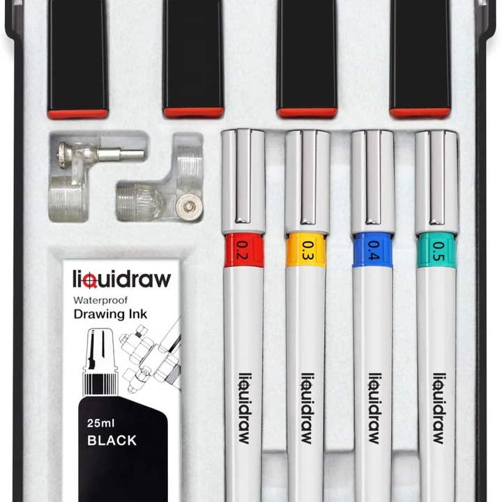 Liquidraw Technical Drawing Pen Set of 4 For Artists, College Set with Pen Station & Ink, Off White for wholesale by Liquidraw
