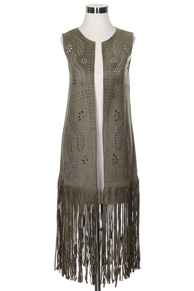 Hana - Venta al por mayor Chaleco de abrigo - Mujer - Chaleco de gamuza cortado con láser con estampado de hojas geométricas4