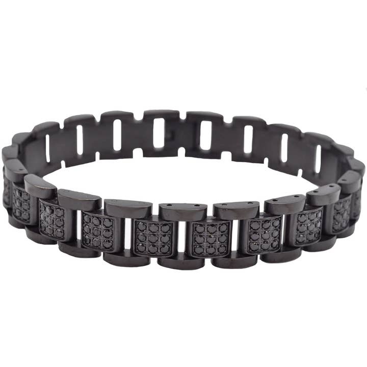 Men's Black Stainless Steel Link Bracelet With Black Cubic Zirconia for wholesale by Blackjack Mens Jewelry