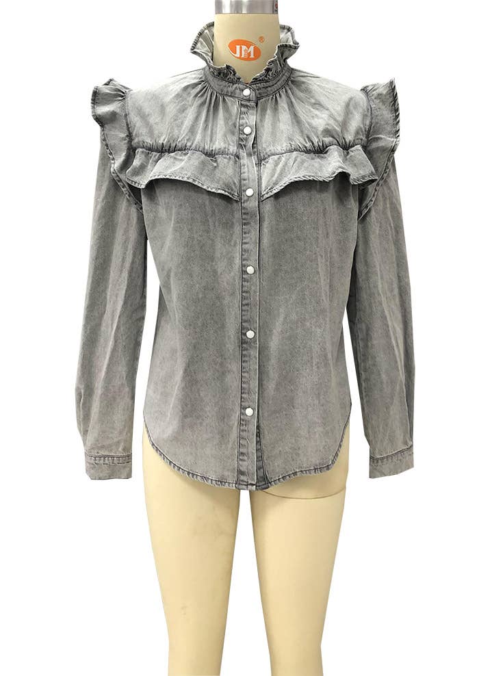 Grey TOPW610 Ruffle Button Closure Denim Blouse Top Women for wholesale on Faire3