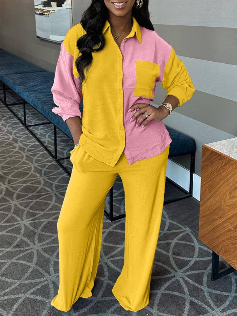 HIDDENBRAND - Wholesale Top & Pant Set (NOT Loungewear) - Women's - contrast color block shirt wide leg pant 2 piece set4