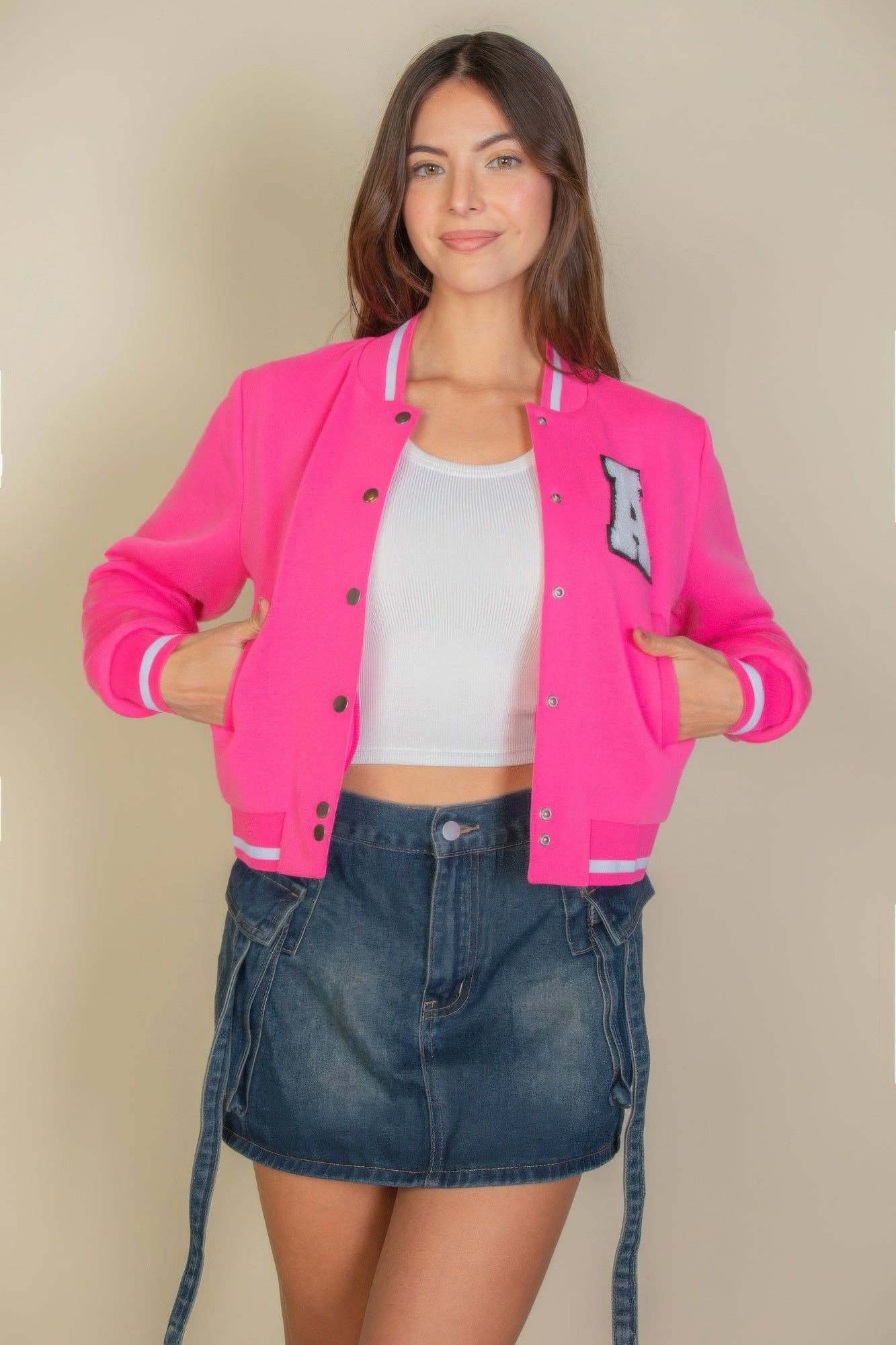 CC Wholesale Clothing - Wholesale Varsity/Baseball Jacket - Women's - Ezwear Letter Patched Crop Varsity Jacket4