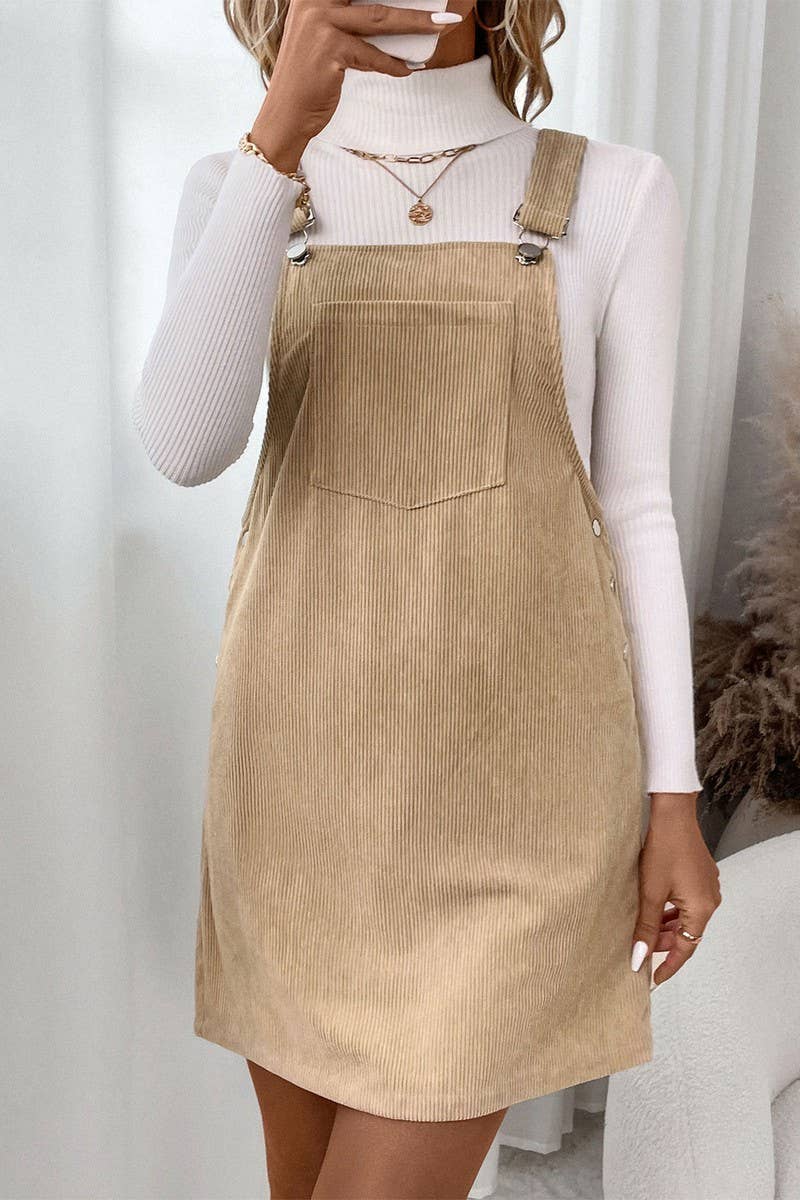 KHAKI CWDSD8740_CASUAL POCKET CORDUROY SUSPENDER DRESS for wholesale on Faire2