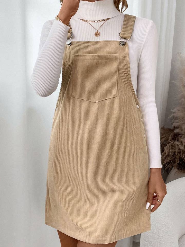 KHAKI CWDSD8740_CASUAL POCKET CORDUROY SUSPENDER DRESS for wholesale on Faire2