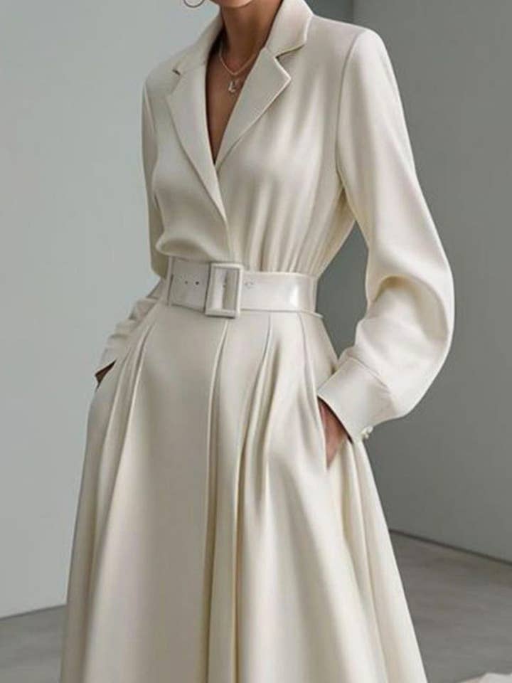 CREAM Long Sleeve No Belt Solid Notch-Collar Maxi for wholesale on Faire