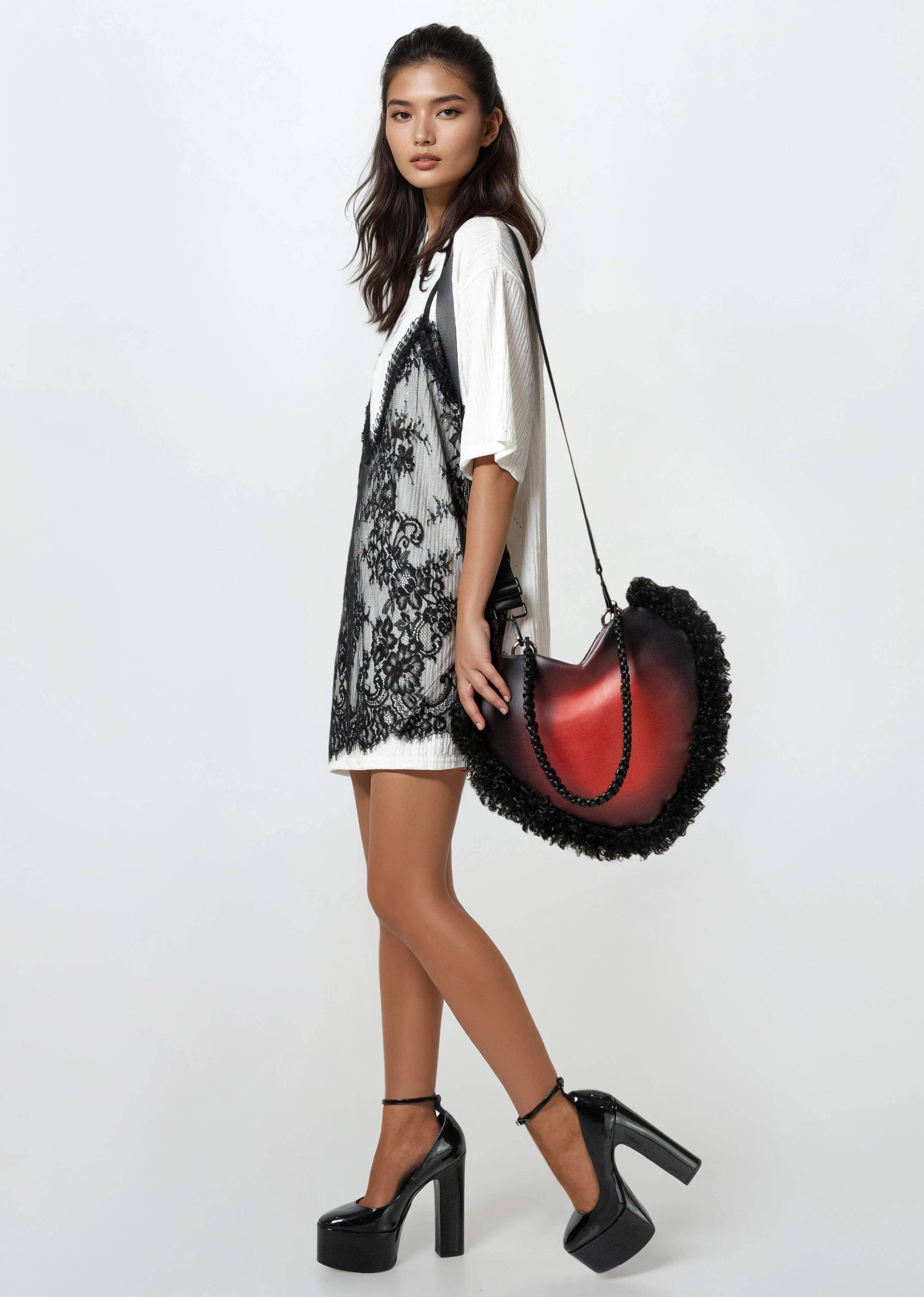 KATE HEWKO - Wholesale Top Handle Bag - Women's - Shag Trim Vegan Leather Heart Bag6