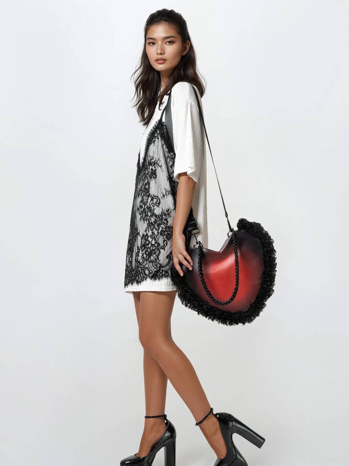 Shag Trim Vegan Leather Heart Bag for wholesale by KATE HEWKO