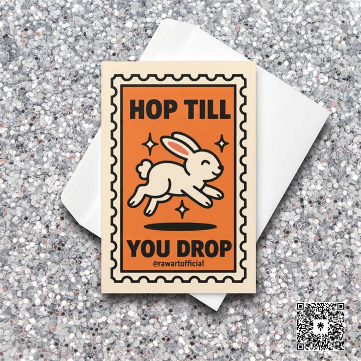 Carte de Pâques drôle : Saute jusqu'à épuisement, Humour rétro de lapin de Pâques, Illustration de timbre printanier pour la vente par Hot Mess Paper Co.