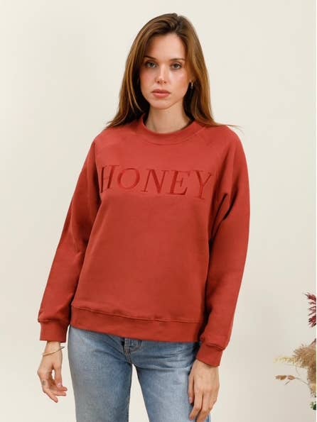MOOYA - Wholesale Sweatshirt - Women's - Plain cotton sweatshirt with round neck embroidery HONEY - M219