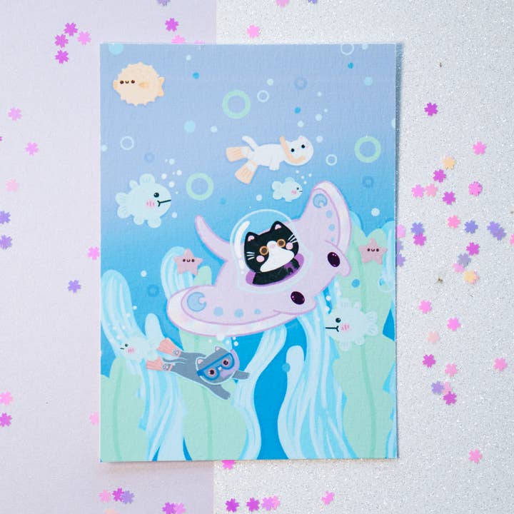 Ocean Submarine Kitty Illustration Art Print pour la vente par Sparkles in the Wild