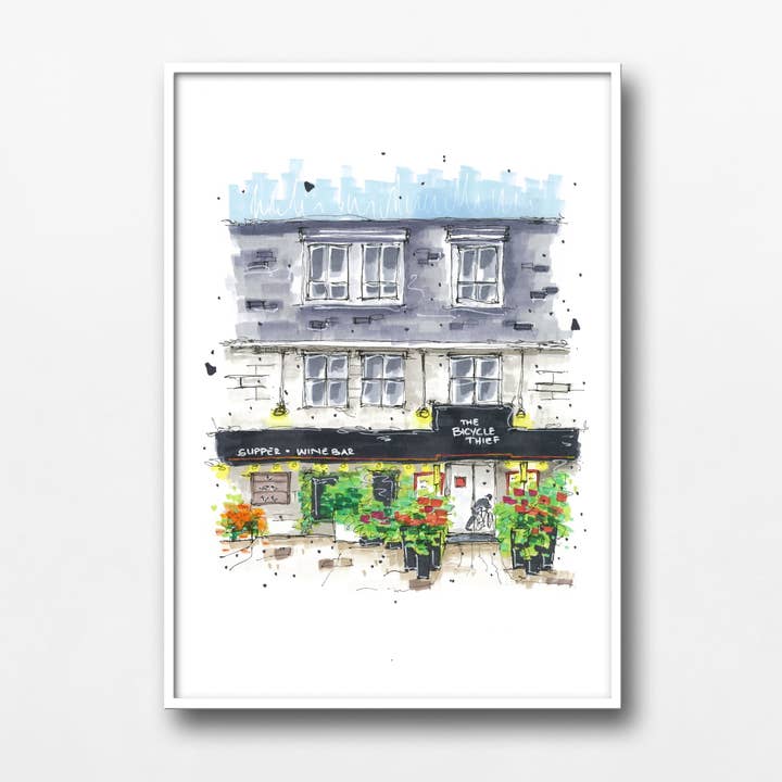 Le voleur de vélos, croquis de vitrine pour la vente par Downtown Sketcher