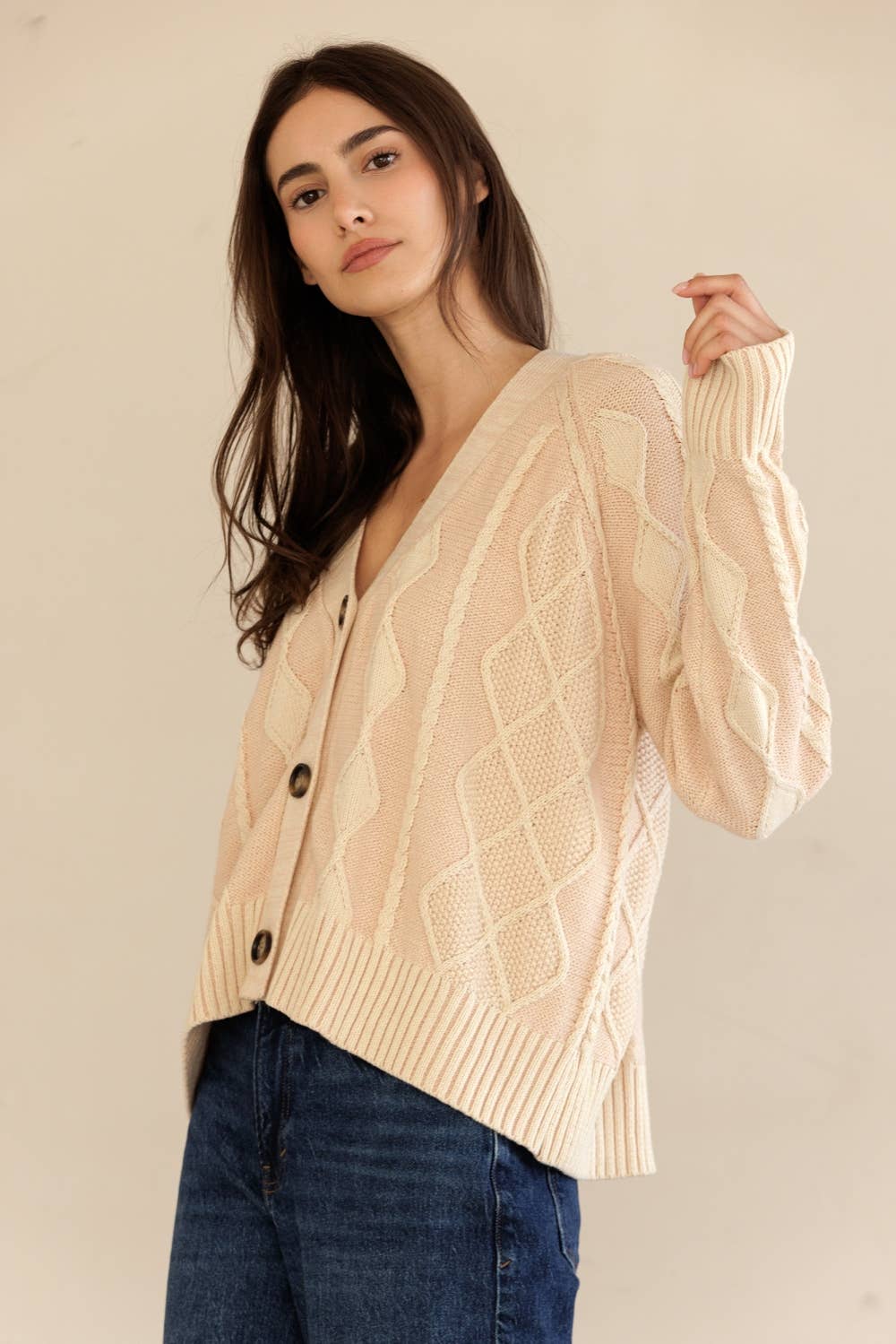 STORIA - Vente Cardigan – femme - JT7252-GILET À BOUTONS EN MAILLE CÂBLÉE3