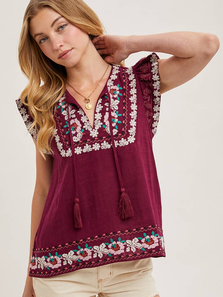 BOHO EMBROIDERED RUFFLED SLEEVE DRAWSTRING TOP for wholesale by Bluivy