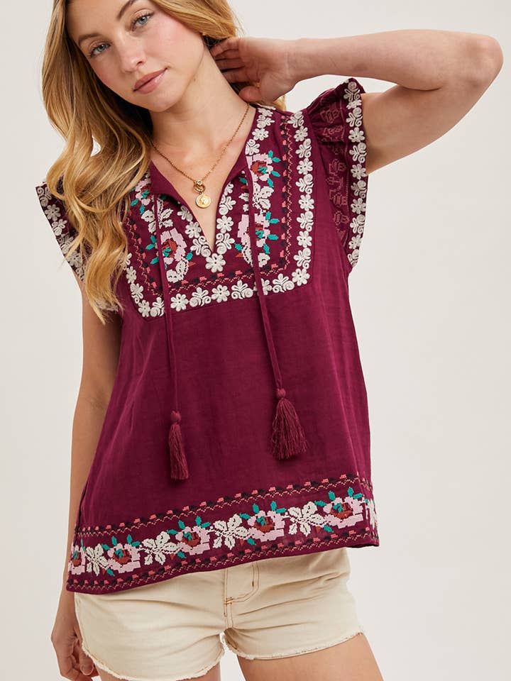 Bluivy - Wholesale Top - Maternity - BOHO EMBROIDERED RUFFLED SLEEVE DRAWSTRING TOP
