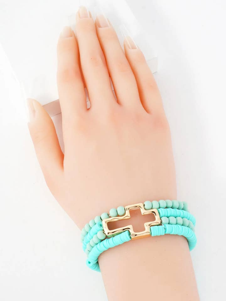 Polished Cross Accent Wood And Heishi Beads Layered Stretch Bracelet for wholesale by Wild Honey