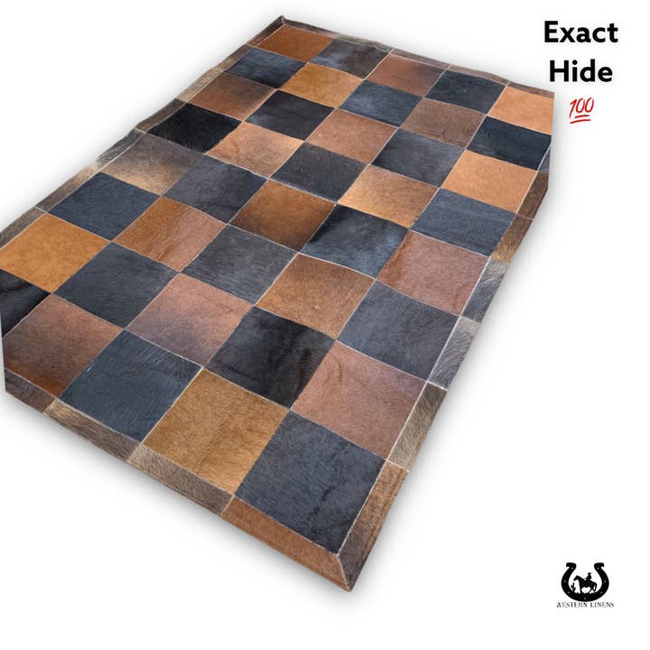 Western Linens - Wholesale Area Rug - Checkers Cowhide patchwork Rug - Exact Color