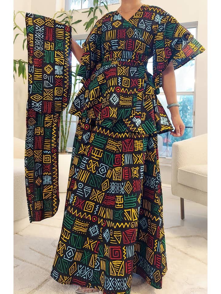 India Batik - Vente Ensemble haut et pantalon (PAS d'intérieur) - Femme - Pantalon Palazzo et chemisier cache-cœur - Noir/Rasta7