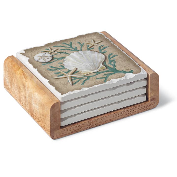 Linen Shells 4 Pack Stone Coasters in Wooden Holder for wholesale by Conimar Promotions