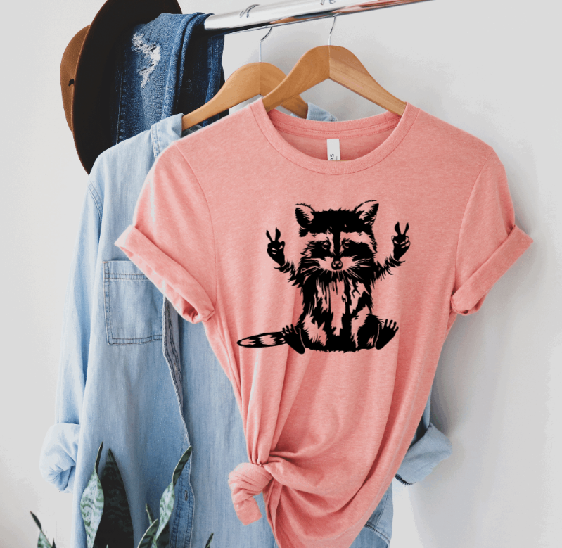 Tron Tron Graphic Wear – wholesale Screen printed t-shirt – Women′s – Peace Loving Raccoon Tee 9