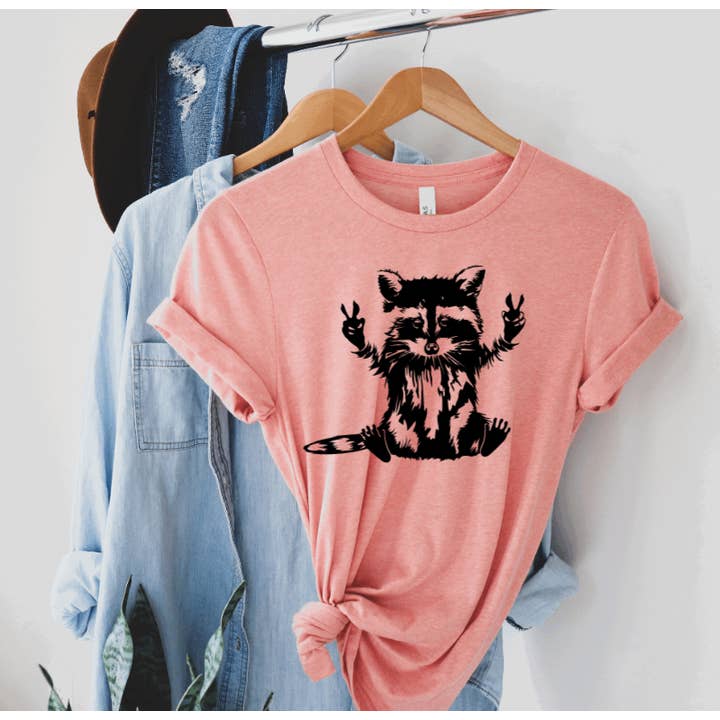 Tron Tron Graphic Wear – wholesale Screen printed t-shirt – Women′s – Peace Loving Raccoon Tee 9