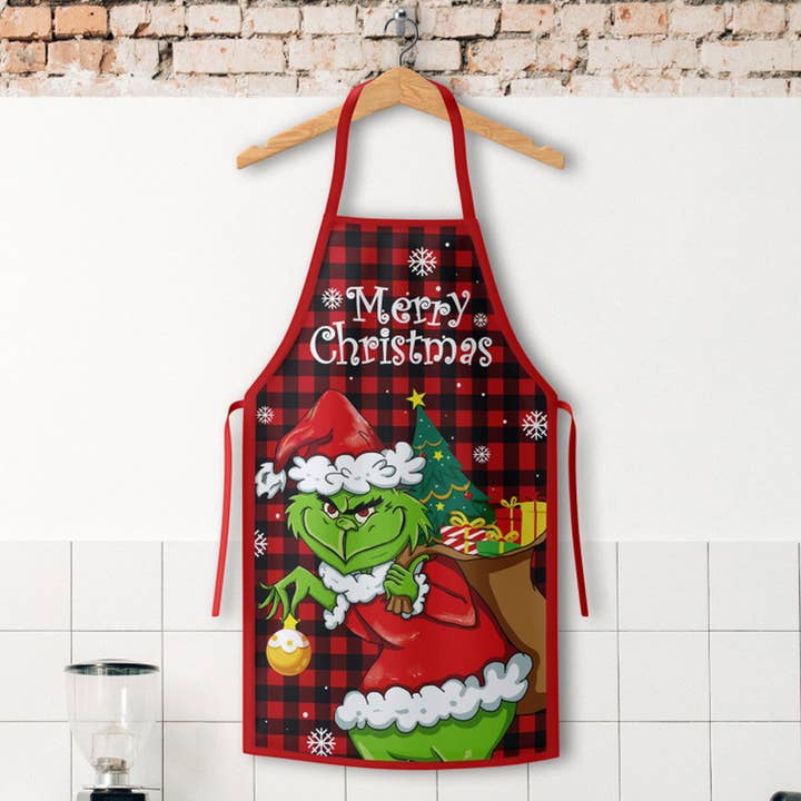 CHRISTMAS GRINCH SANTA CLAUS KITCHEN APRON_CWMM9802 for wholesale by DOUBLJU