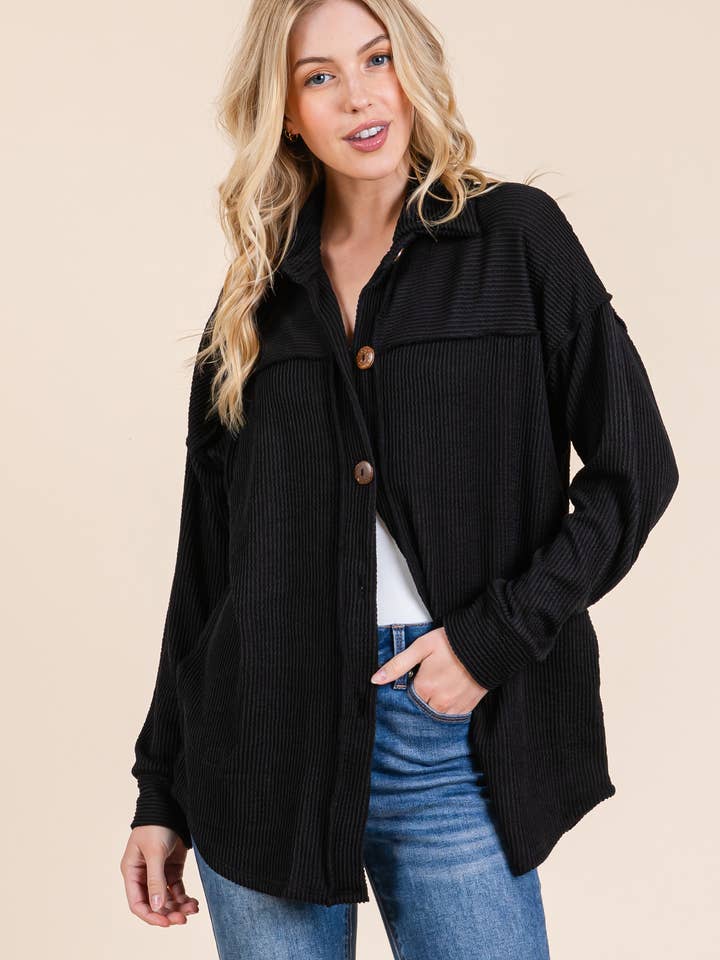 TL1990 RIB KNIT BUTTON DOWN SHACKET for wholesale by BOMBOM