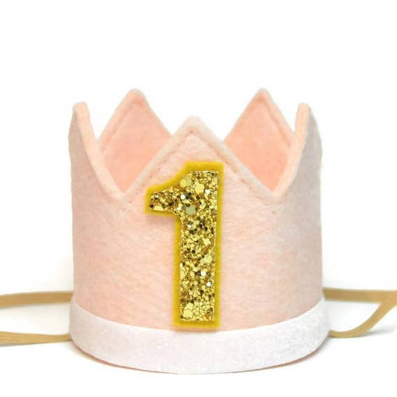 Blush Felt Crown - White Glitter Trim - Gold Number for wholesale by Little Blue Olive