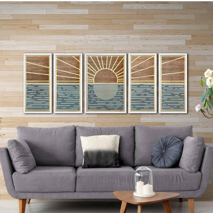 Large Wood Panel Sunrise, Coastal Living Room Decor for wholesale by Light House Laser Art