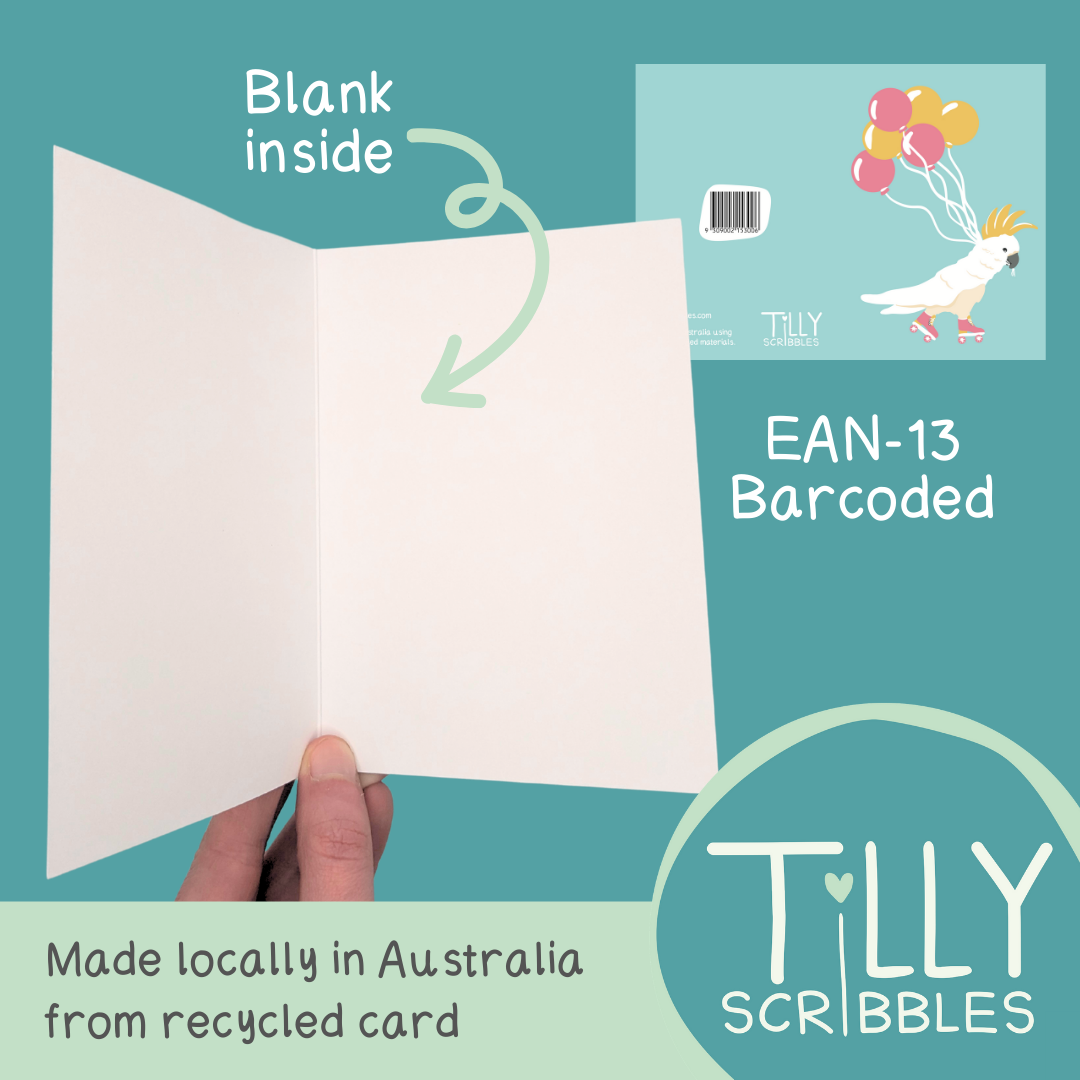 Tilly Scribbles - Wholesale Birthday card - Rollerblading Cockatoo Birthday Card1