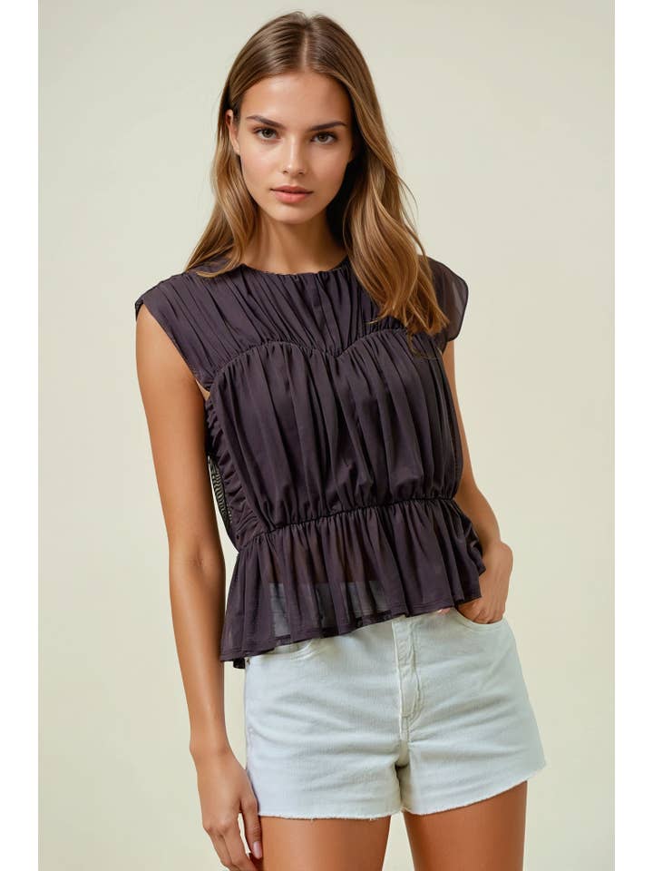 DARK CHOCOLATE SEMI SHEER SHIRRED PEPLUM KNIT TOP - 45284T for wholesale on Faire1