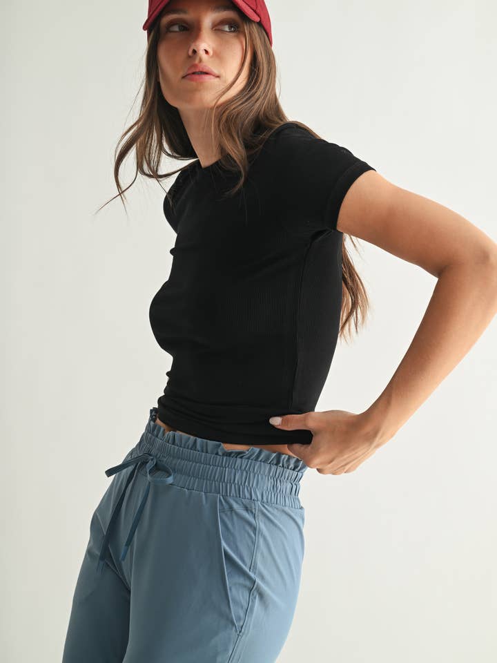Mono B - Wholesale Athletic Top - Women's - Essential Short-Sleeved Micro-Ribbed Athleisure Top