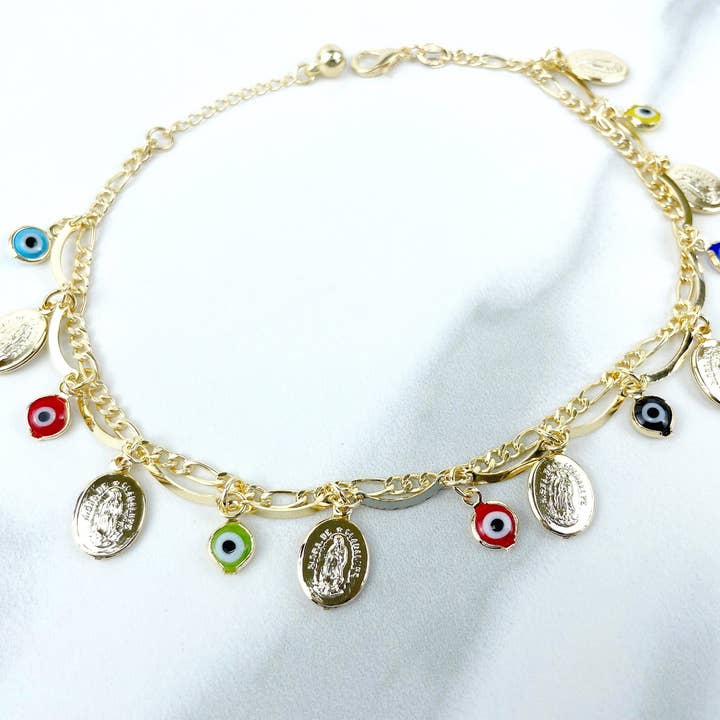 18k goud gevulde dubbele ketting Evil Eye en Guadalupe Charm Enkelbandje voor wholesale door Luxus Accessories