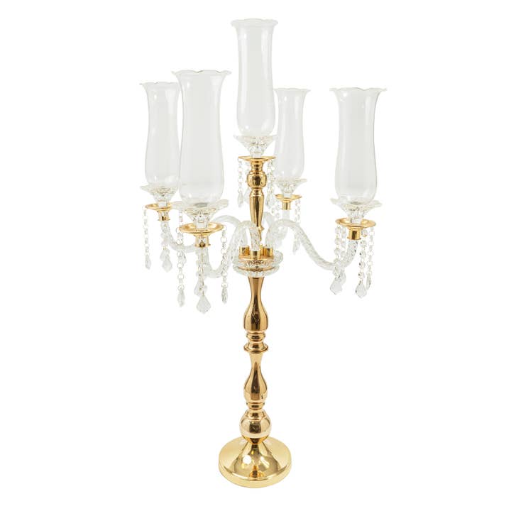 Crystal Candelabra 5 arm Glass Hurricane Globes 39" - Gold for wholesale on Faire