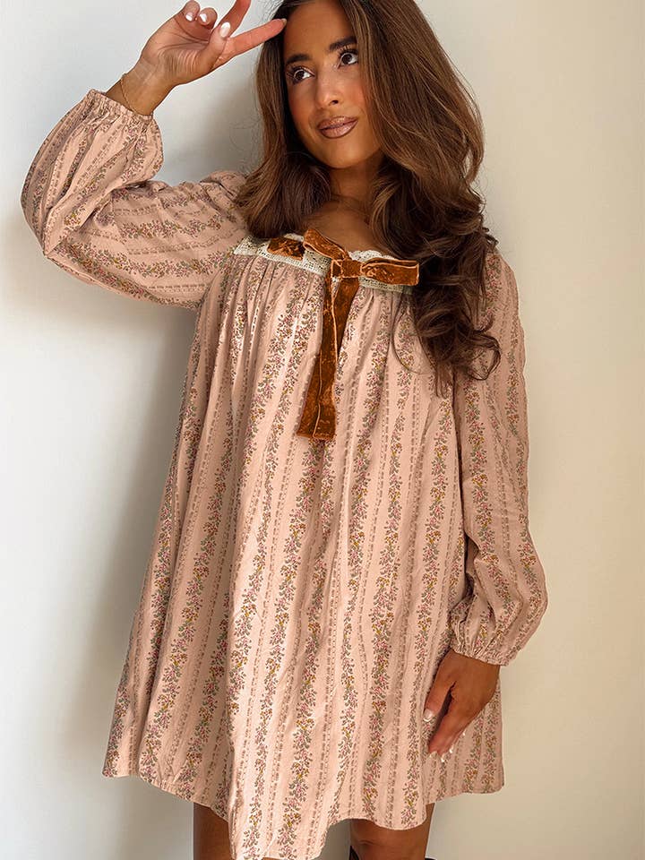 Khaki Floral Print Contrast Velvet Bow Lace Patchwork Long Sleeve Loose Mini Dress for wholesale on Faire2