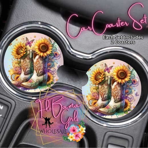 Car Coaster Set - Western Boots Sunflowers & Butterfly for wholesale by FloBama Girls Wholesale