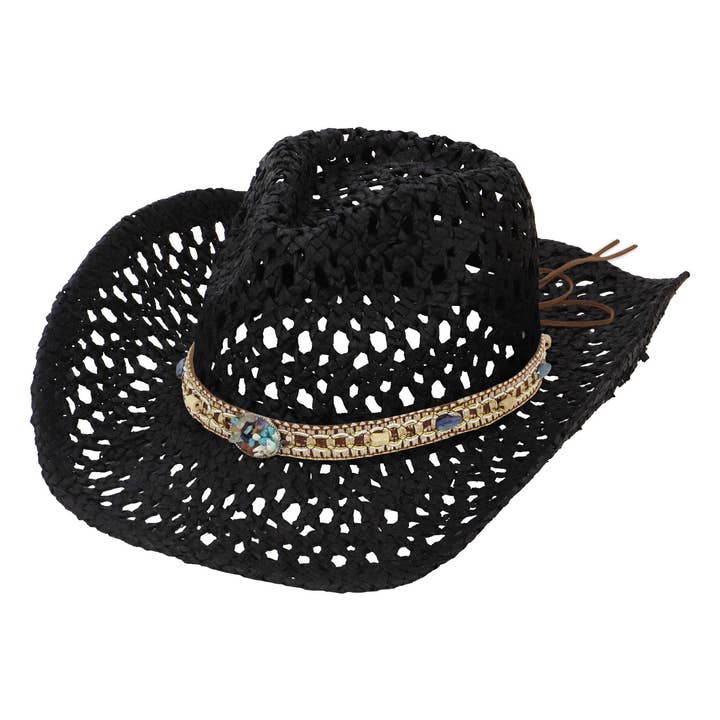 Cap Zone – wholesale Cowboy Hat – Women’s – Gemstone Band Coastal Crochet Fishnet Cowboy Hat
