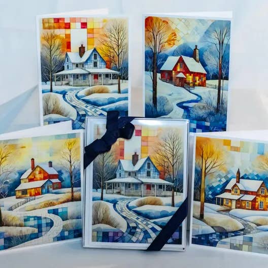 Conjunto de 8 Cartões de Saudação em Caixa, 4 Designs, Tamanho A2 (10,8 x 14 cm) Arte Cubista em Aquarela, Quilting & Costura Cartões de Nota para Emoldurar como Presente por atacado de Quiltberry Farm