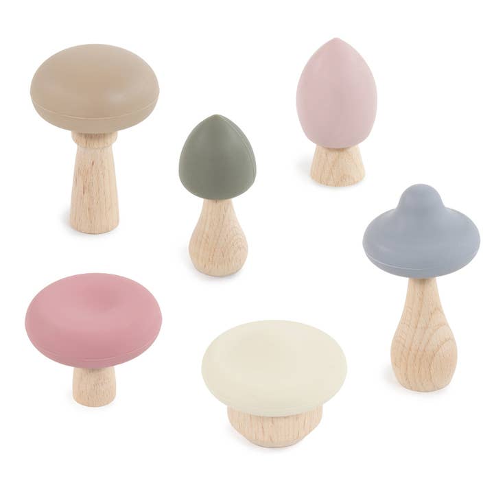 Hudson Baby 6pc Wood and Silicone Mushroom Toy Set, Light for wholesale by BabyVision