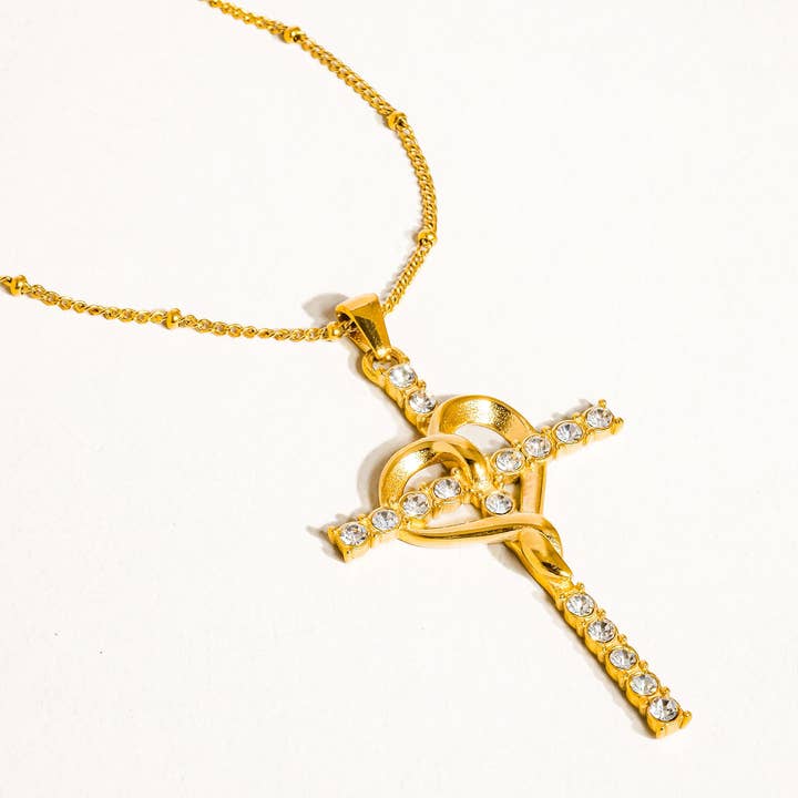 Hermine 18K Gold Non-Tarnish Cross Heart Necklace for wholesale on Faire