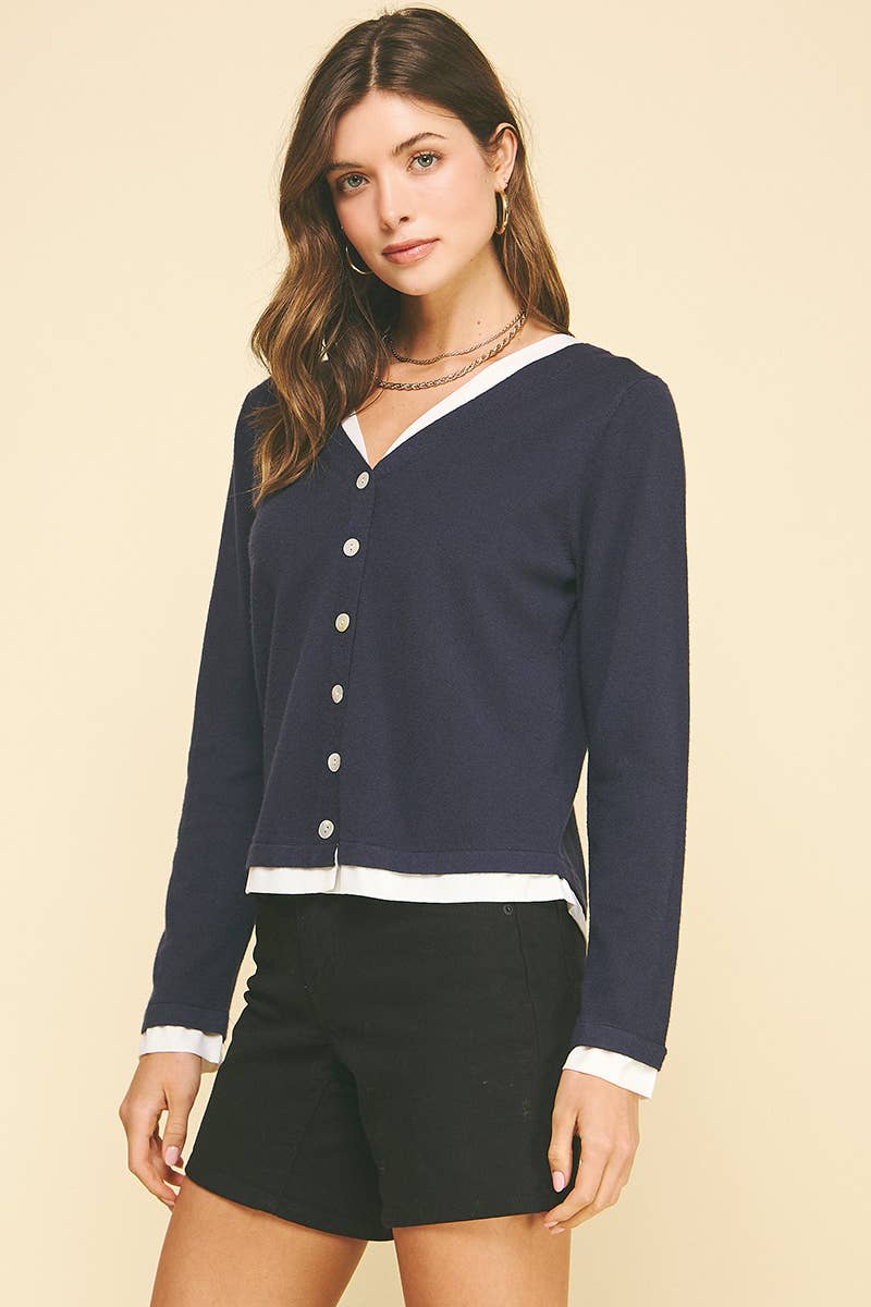 PINCH - Wholesale Knit Top - Women's - V-NECK WOVEN COMBO CARDIGAN TOP - 5831W25