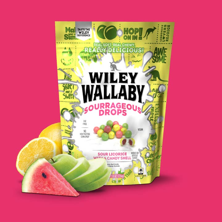 Grandpa Joe's Candy Shop - Wholesale Licorice - Wiley Wallaby Sourrageous Drops, 6oz Bag Sour Licorice 12ct