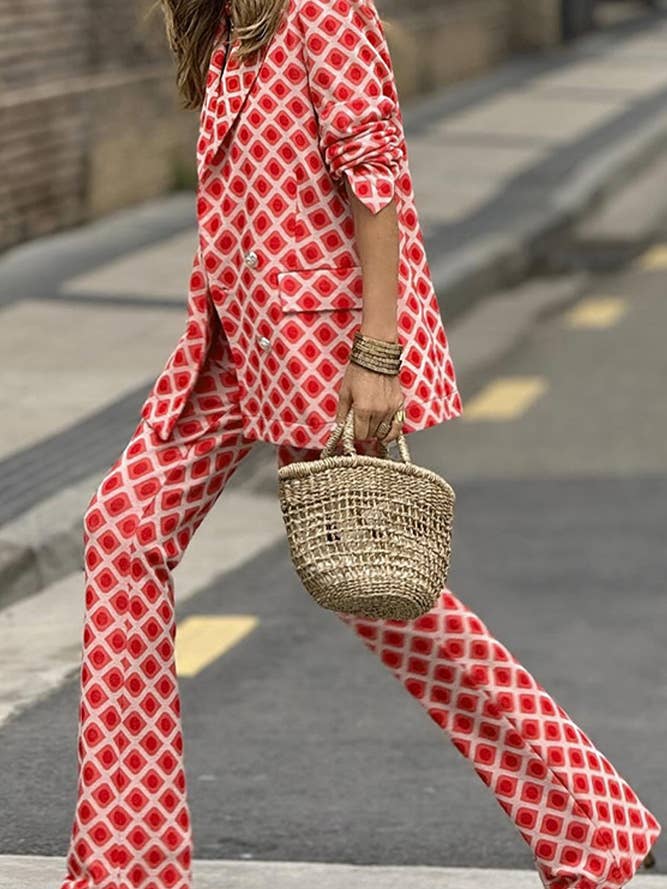 Red Rosy Print Long Sleeves Two Pieces Suit Set JRM091 for wholesale on Faire
