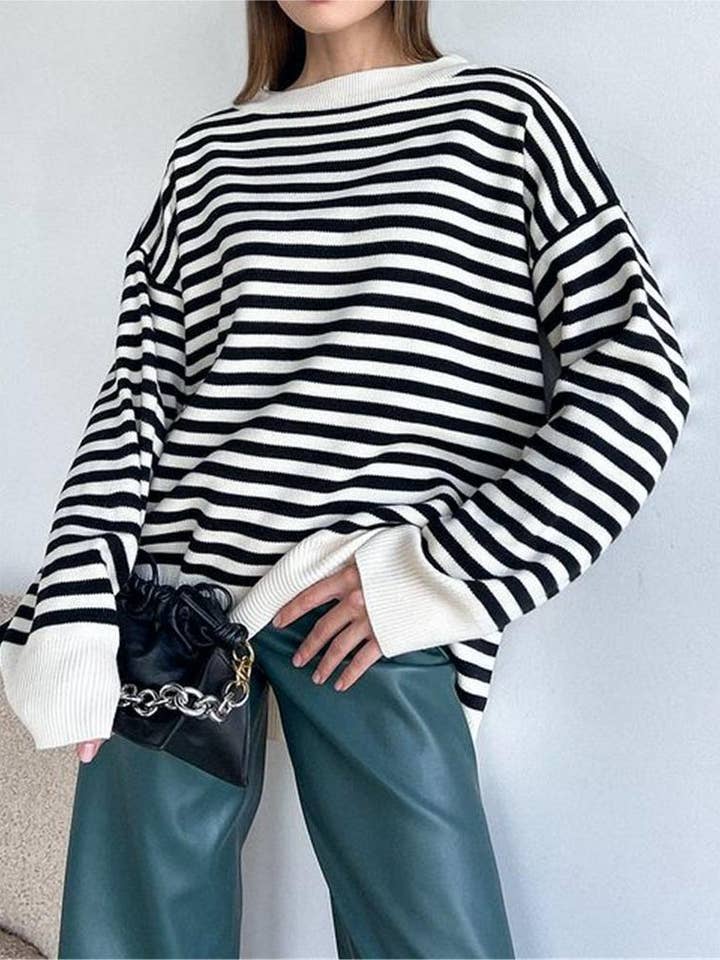 Striped long-sleeved knitted sweater top for wholesale by Rosa Clothing