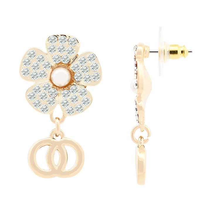 Brincos com Flor de Strass, Pérola e Duplo Círculo - S16053R por atacado de AMORINO SRL