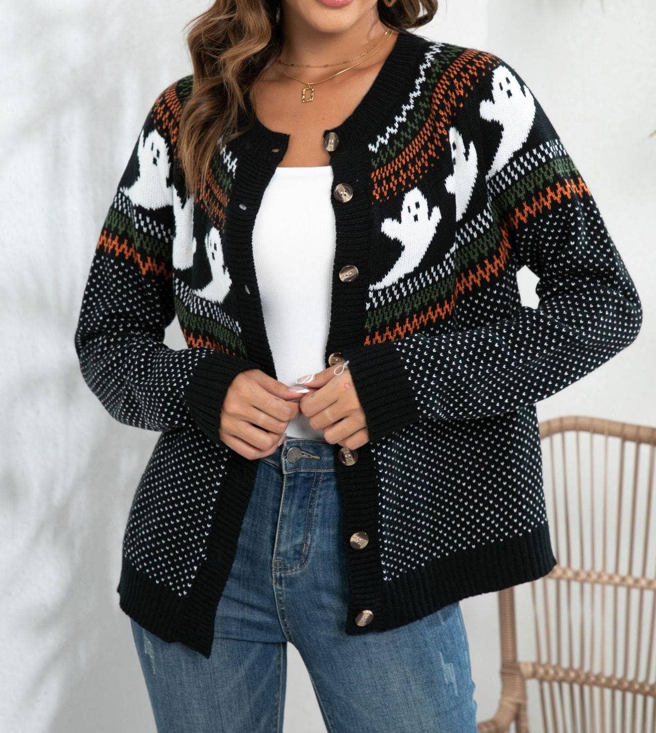 Black Halloween Ghost Pattern Button Front Knit Cardigan for wholesale on Faire1