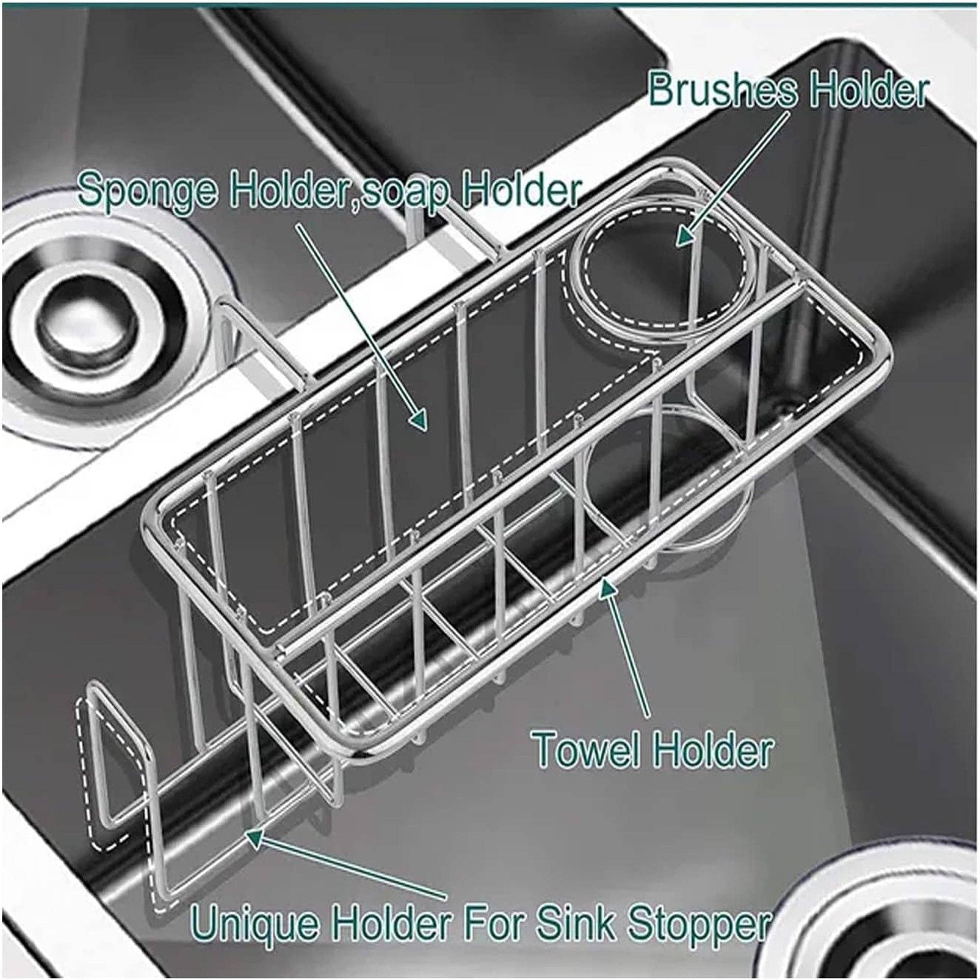 Vigor Path - Vente Tapis à vaisselle - Porte-éponge pour évier de cuisine 4 en 1 avec porte-brosse, support pour torchon et support de bouchon d'évier - Acier inoxydable 304 (argent)2