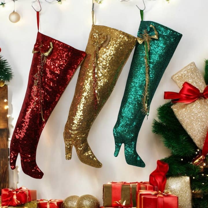 CocoMiaDesign - Vente Collants festifs - Bas de Noël à talon haut, bas à sequins pour femmes 19''